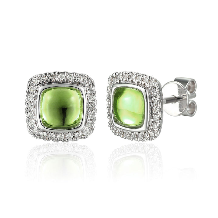 Peridot Cabochon Diamond 18ct White Gold Stud Earrings - Michael Jones Jeweller