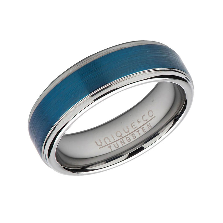 Unique & Co Blue Tungsten Carbide Satin Finish Ring 7mm - Michael Jones Jeweller