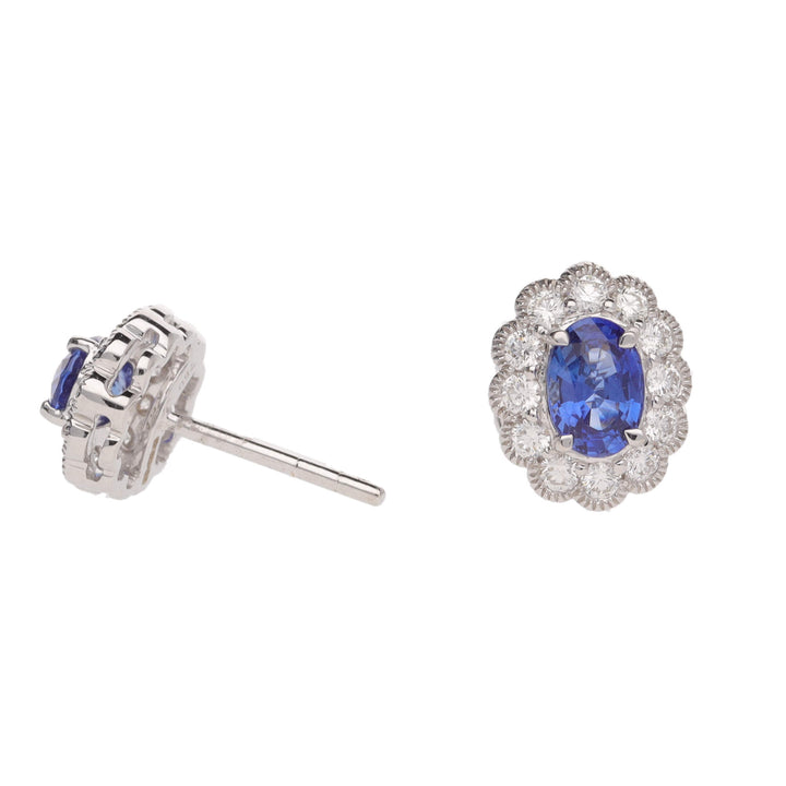 Sapphire and Diamond 18ct White Gold Cluster Stud Earrings - Michael Jones Jeweller