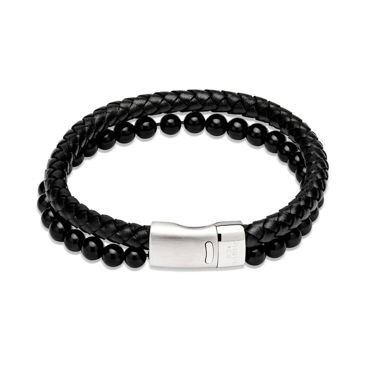 Unique & Co Black Leather and Onyx Beaded Double Bracelet 21cm